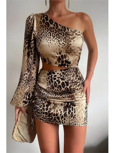 Fashionable Printed Summer New Sexy Slant Neck Single Shoulder Sleeve Off Shoulder Top Off Waist Women's Casual Short Dress