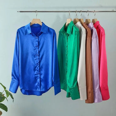 Fashion Long Sleeve Satin Women Shirts Office Lady Elegant Loose Silk Blouses Button Up Tops