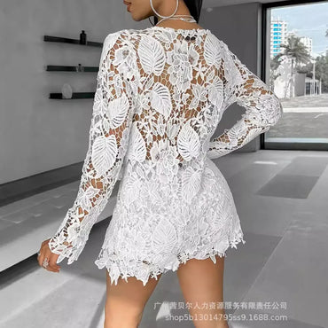 Women Sexy Short Sets Hollow Out Top Lace Spliced Full Sleeve Cardigan Solid Elegant Slim Fit Shirts High Street Summer 2024