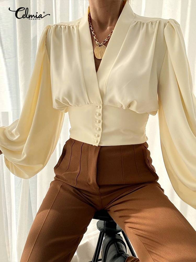 Celmia Vintage Blouses for Women 2023 Fashion Lantern Long Sleeve Buttons Front Crop Tops Sexy V-neck Shirts French Party Blusas