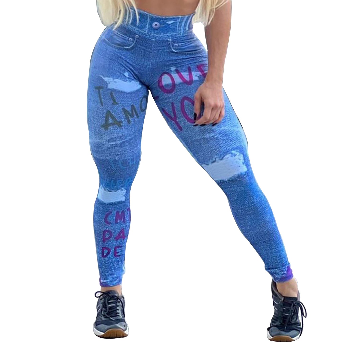 FCCEXIO Denim 3D Print Women Pants Push Up Running Sports Leggings Slim Pants Female Casual Trousers Fitness Legging