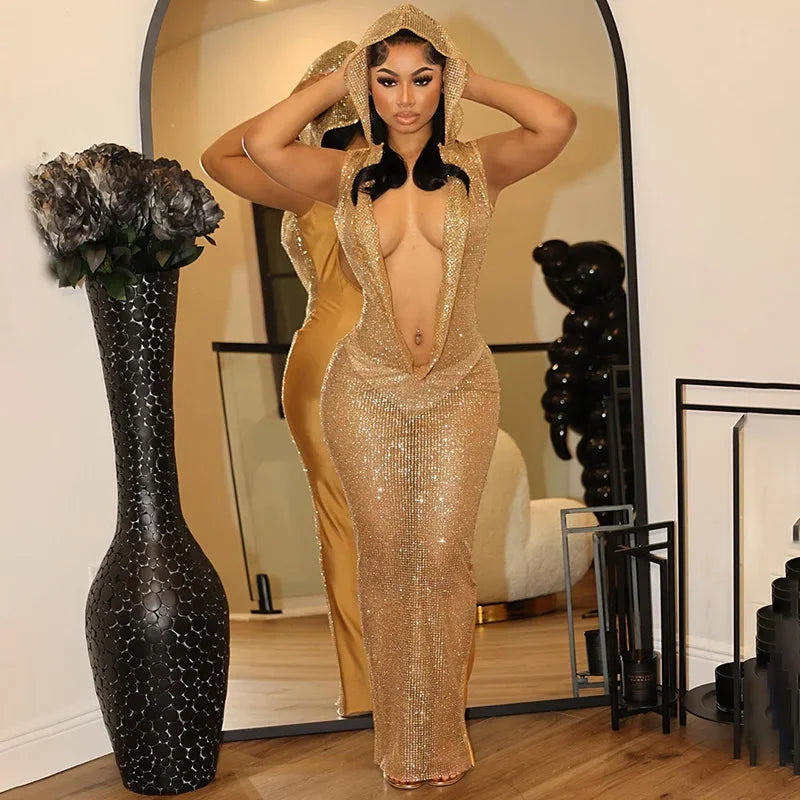 Sexy Women Shiny Golden Sequin Long Dress Backless Low-cut Hooded Dres Mega Mart Center Sexy Women Shiny Golden Sequin Long Dress Backless Low-cut Hooded Dres Mega Mart Center