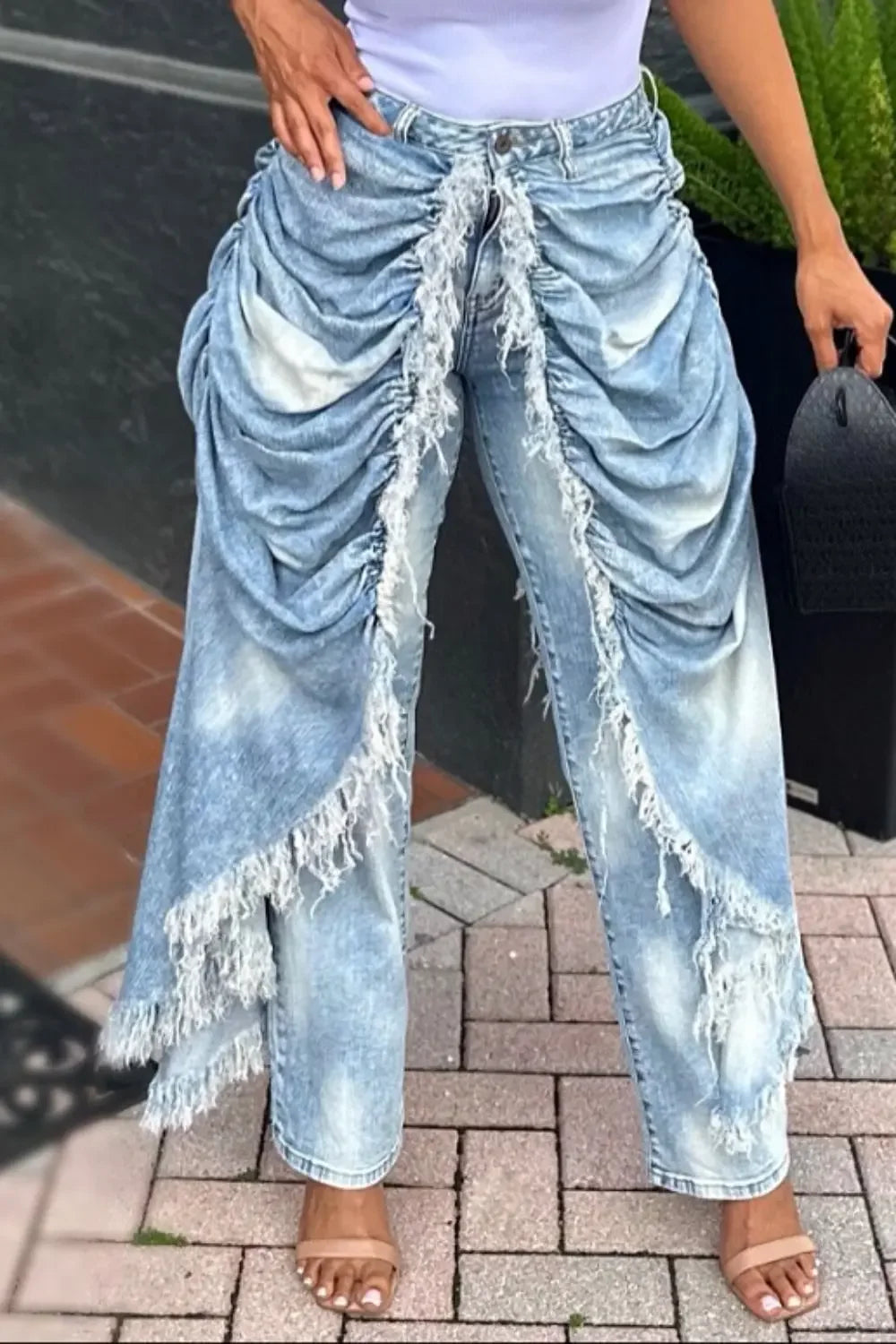 Daily Blue Pocket Ruched Frayed Trim Casual Contrast Denim Jeans High Street Vintage Casual Asymmetric Denim Trousers for Women