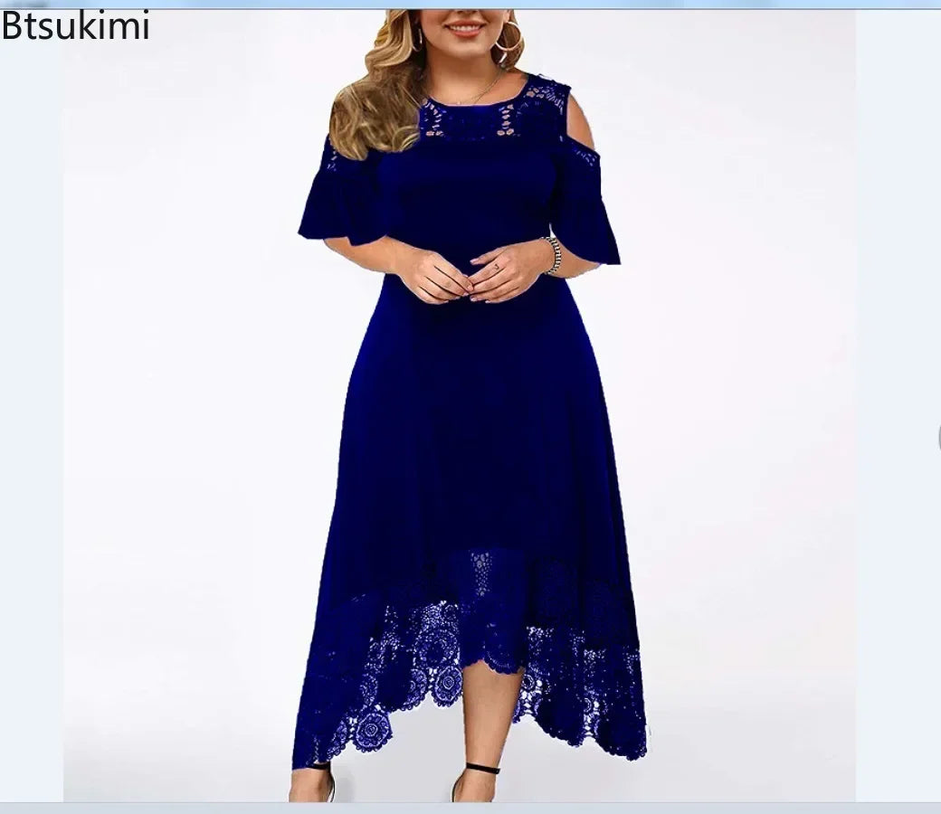 2025 Women's Lace Stitching Ruffle Short-Sleeved Strapless Dress Elegant Ladies' Summer Evening Club Party Dresses Woman Vestido