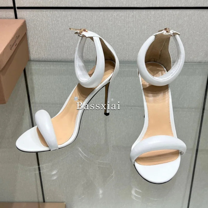 Genuine Leather One-Strap Sandals Women 10cm Stiletto Heel Back Zip Concise Style Modern Summer Shoes