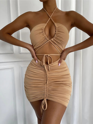 3 Colors Cut Out Halter Pleated Summer Dress Evening Party Bodycon Dress Mini Dress For Women Tight Dress Clubwear Vestidos D282