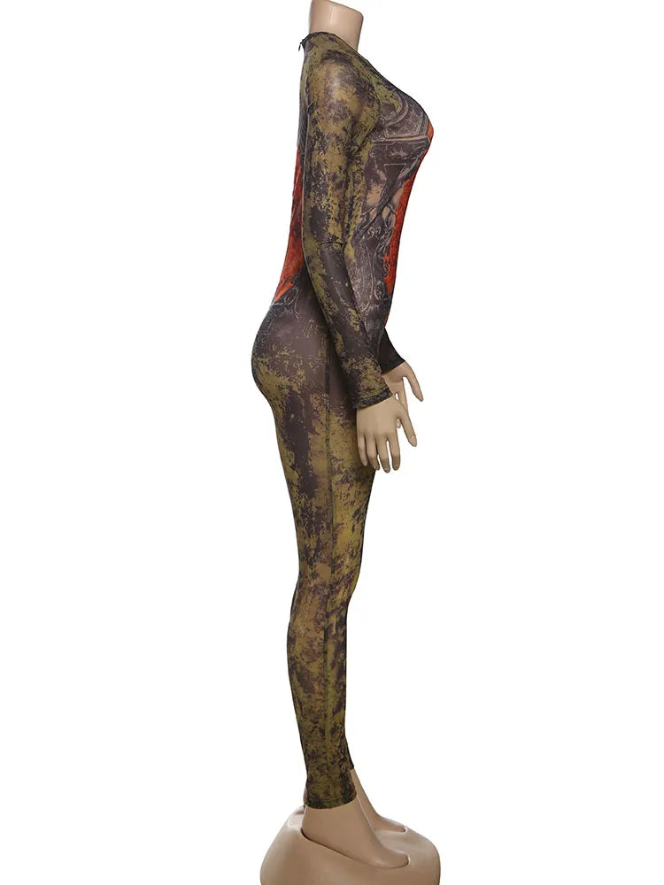 Sisterlinda Printing Slim O-Neck Long Sleeve Jumpsuit Women Sexy Popular Body-shaping Vestidos Girl Party Leisure Pencil Pants