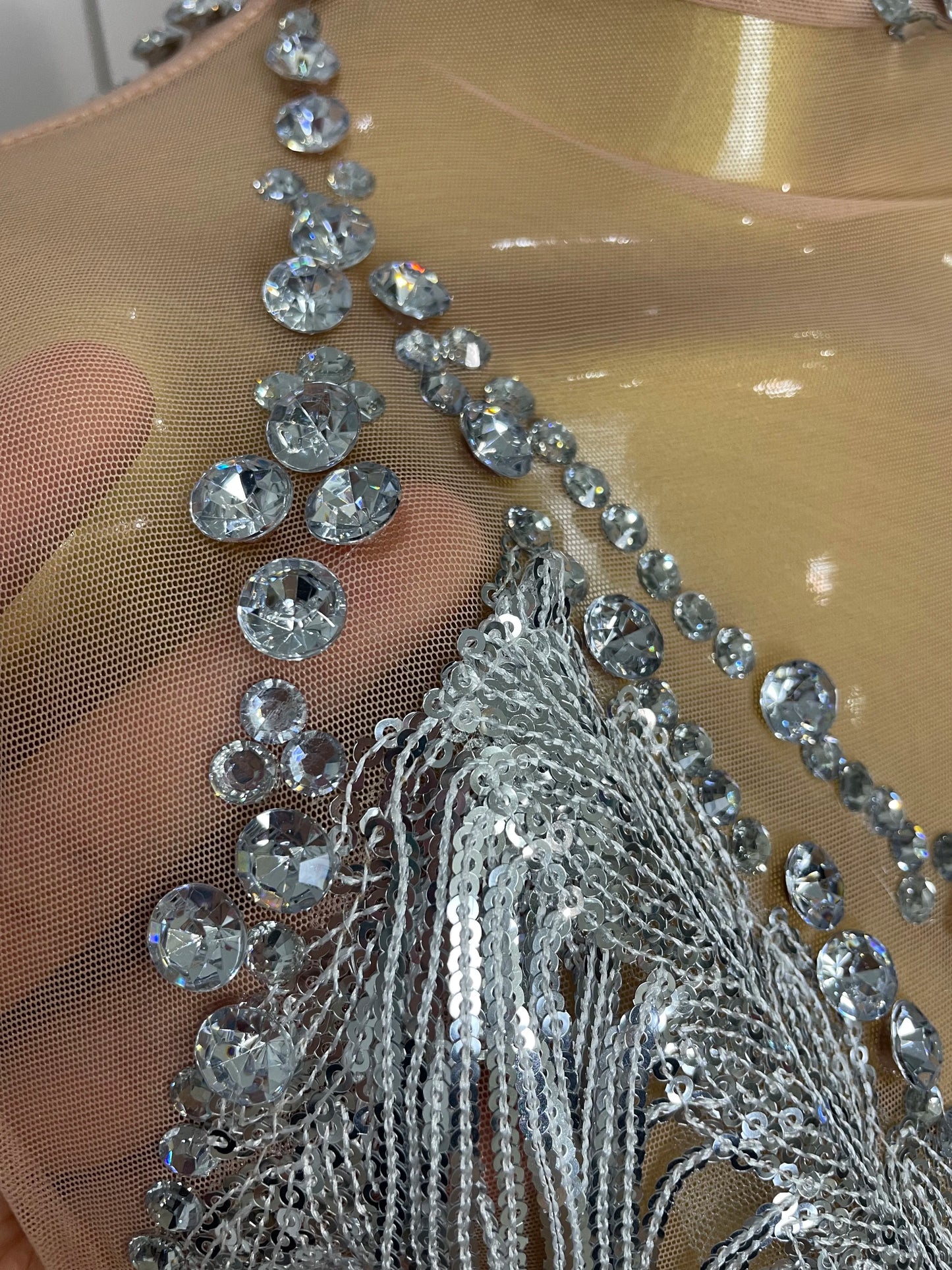 Stock 2025 Women Sexy Stretch Mesh Sparkly Rhinestone Tassels Mini Dress Nightclub Singer Dance Stage Costume Evening Gowns