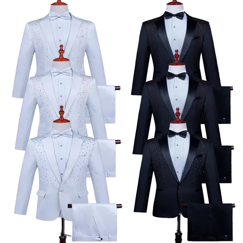 2025 New Black and White Hot Diamond Suits for Men 2-piece,Male Group Chorus/Singer Host/Anchor Dress Performance MC Blazer+Pant