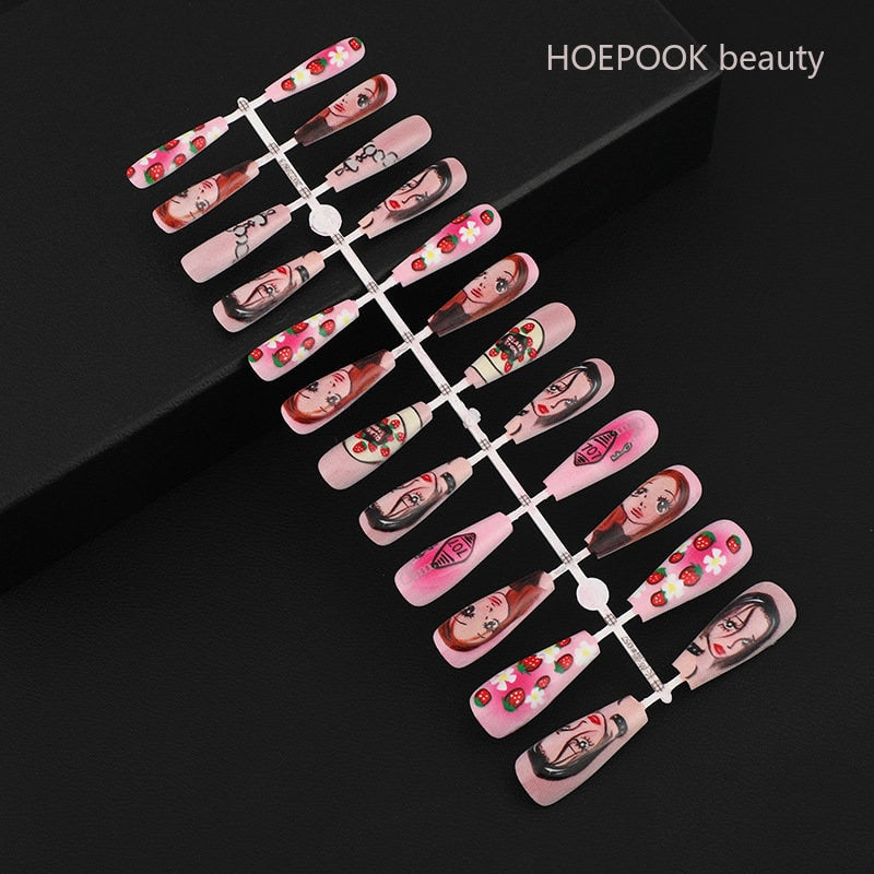 24pcs Strawberry Girl Long Ballet False Nails Art Removable Acrylic Press On Nail Tips