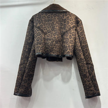 Winter Women Leopard Printed Lamb Wool Velvet Bomber Jacket Turn Down Collar Short Flocking Coat Spliced Parkas Cardigan Tops