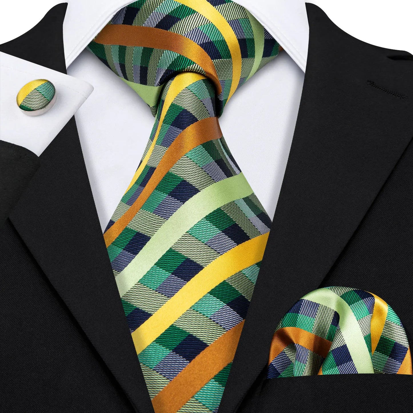 Barry.Wang Plaid Silk Men Tie Hanky Cufflinks Set Checked Jacquard Necktie for Male Formal Casual Wedding Business Party Events