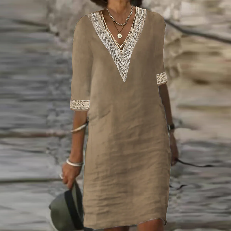 Women Cotton Linen Dress Summer Fashion Solid Color Hallow Out Mini Dresses Female Oversize Casual Mid-Sleeve Dresses Vestidos