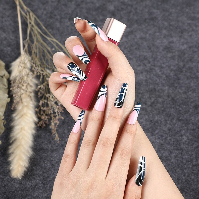24pcs Strawberry Girl Long Ballet False Nails Art Removable Acrylic Press On Nail Tips