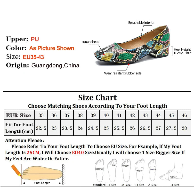 2025 New Comfortable Women's Coarse Heels Single Shoes Snake Patterned Leather Shallow Mouth Square Head Female Profession Pumps