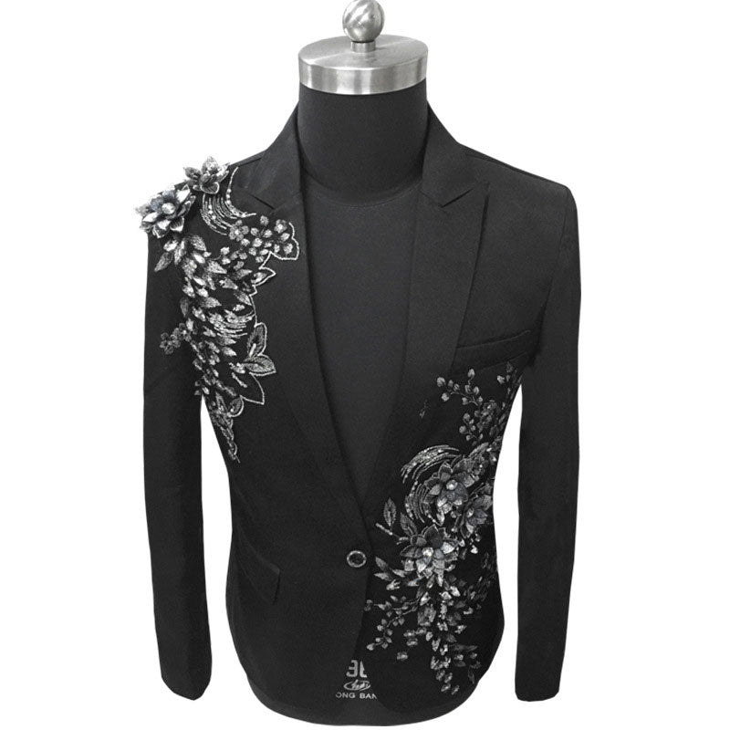White Floral Sequin Embroidery Suit Jacket Men Wedding Groom Tuxedo Suit Blazers Mens One Button Peak Lapel Stage Costume Homme