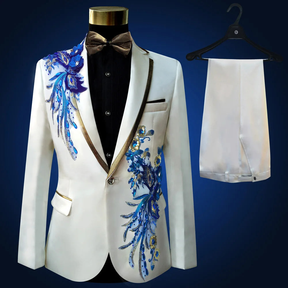 New Embroidered Tuxedos Men, Black Wedding Groom Suit, Male Singer Performance, Party Blazer, Prom Costume, Fashion Paillette