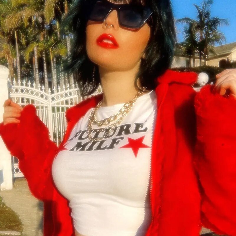 Y2k Women T Shirts Future Milf Star Fashion Women Crop Top Harajuku Streetwear Slim Tshirt Tops Summer Sexy Party Femme Clothes