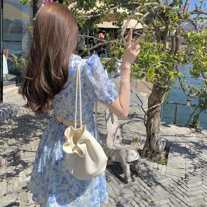 Sexy Y2k Mini Dress Summer Sweet Kawaii Women Retro Floral Puff Sleeve Fairy Dress