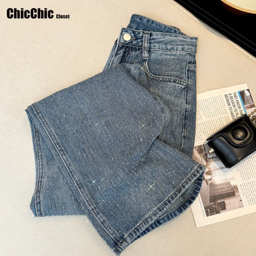 Women's Jeans Spring Retro Washed Diamond-encrusted Design Sense High-waisted Straight-leg Pants Loose Wide-leg Mopping Pants