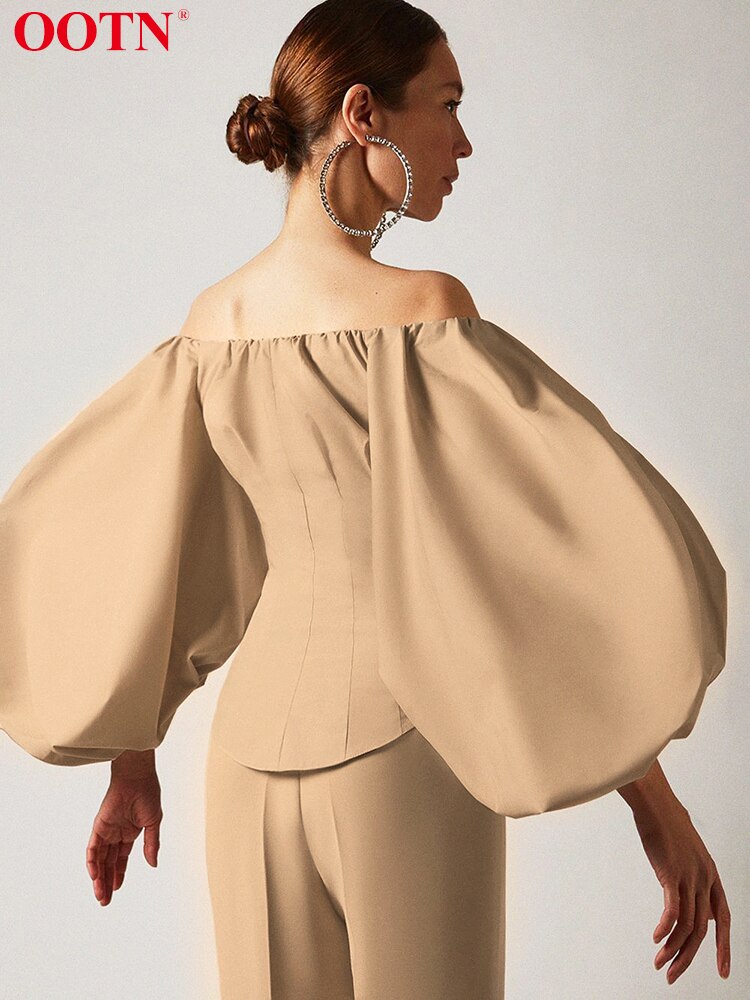 OOTN Sexy Slim Off Shoulder Women Shirt Blouses Lantern Sleeve Tunic Female Top Laides Shirt Pleated Elegant White Blouse Button