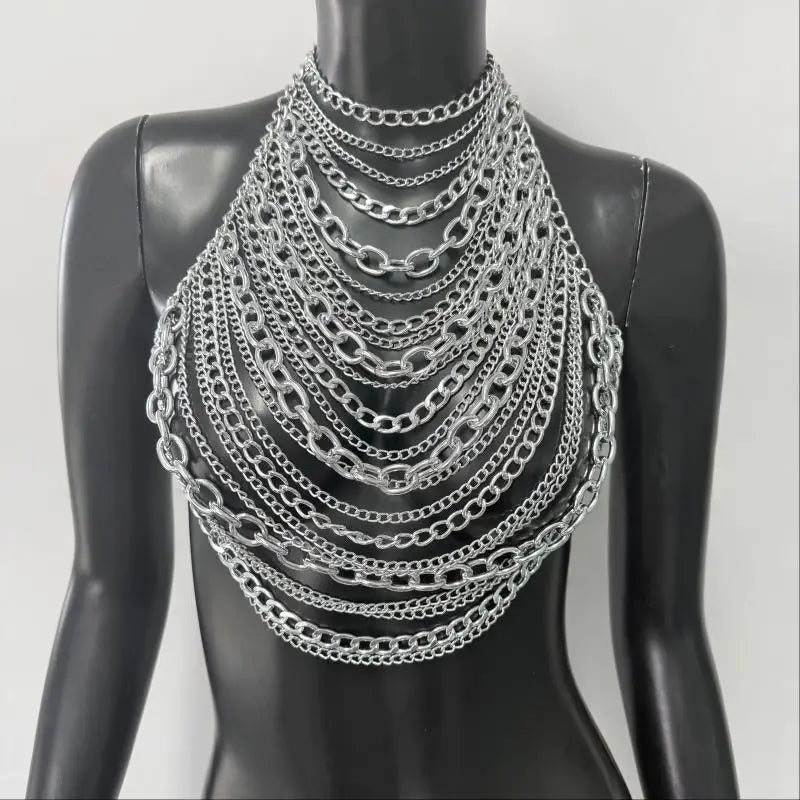 New Variety Of Body Chain Temperament White Pearl Suspender Silver Chain Top Metal Layered Fashionable Women's Clothing