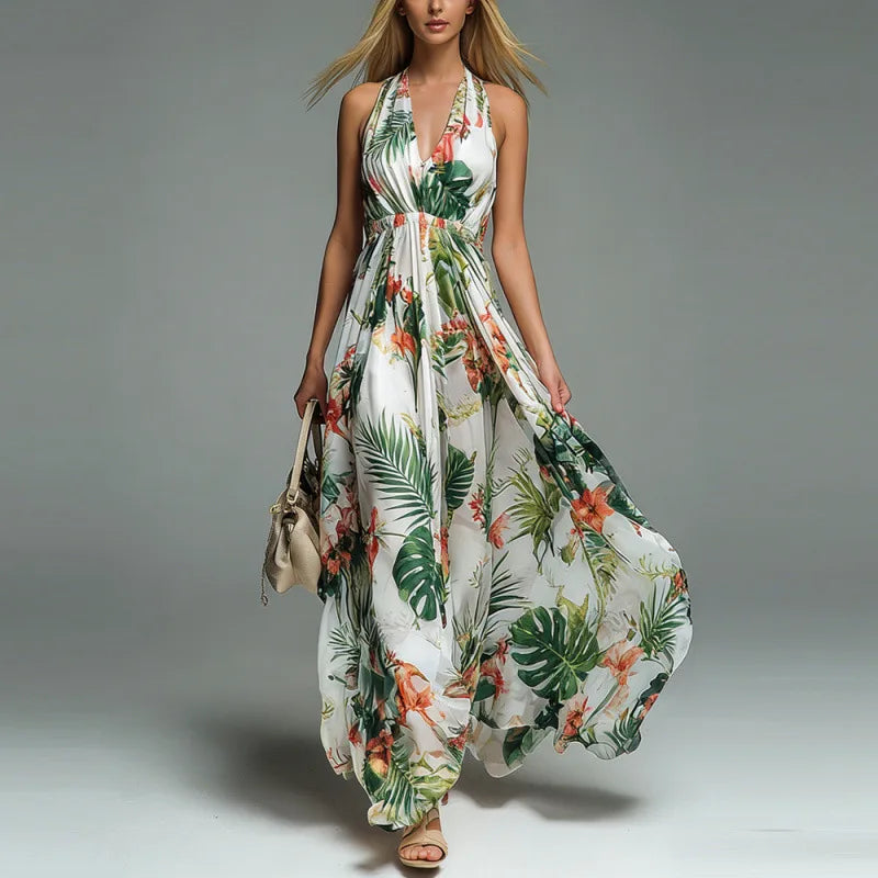 2026 New Arrival Women V Neck Halter Sleeveless Print Casual Dress