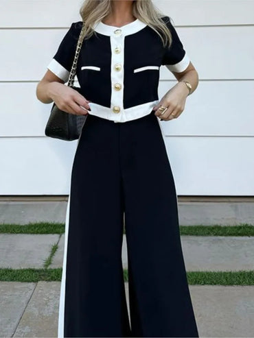 Spring Autumn Women's New Fashion Color Blocked Commuter Short Sleeved Top Straight Leg Pants Set Two Piece Set
