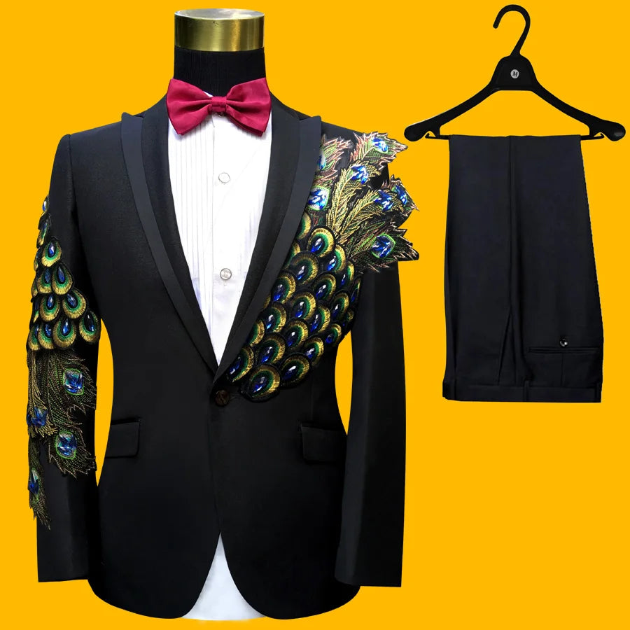 New Embroidered Tuxedos Men, Black Wedding Groom Suit, Male Singer Performance, Party Blazer, Prom Costume, Fashion Paillette