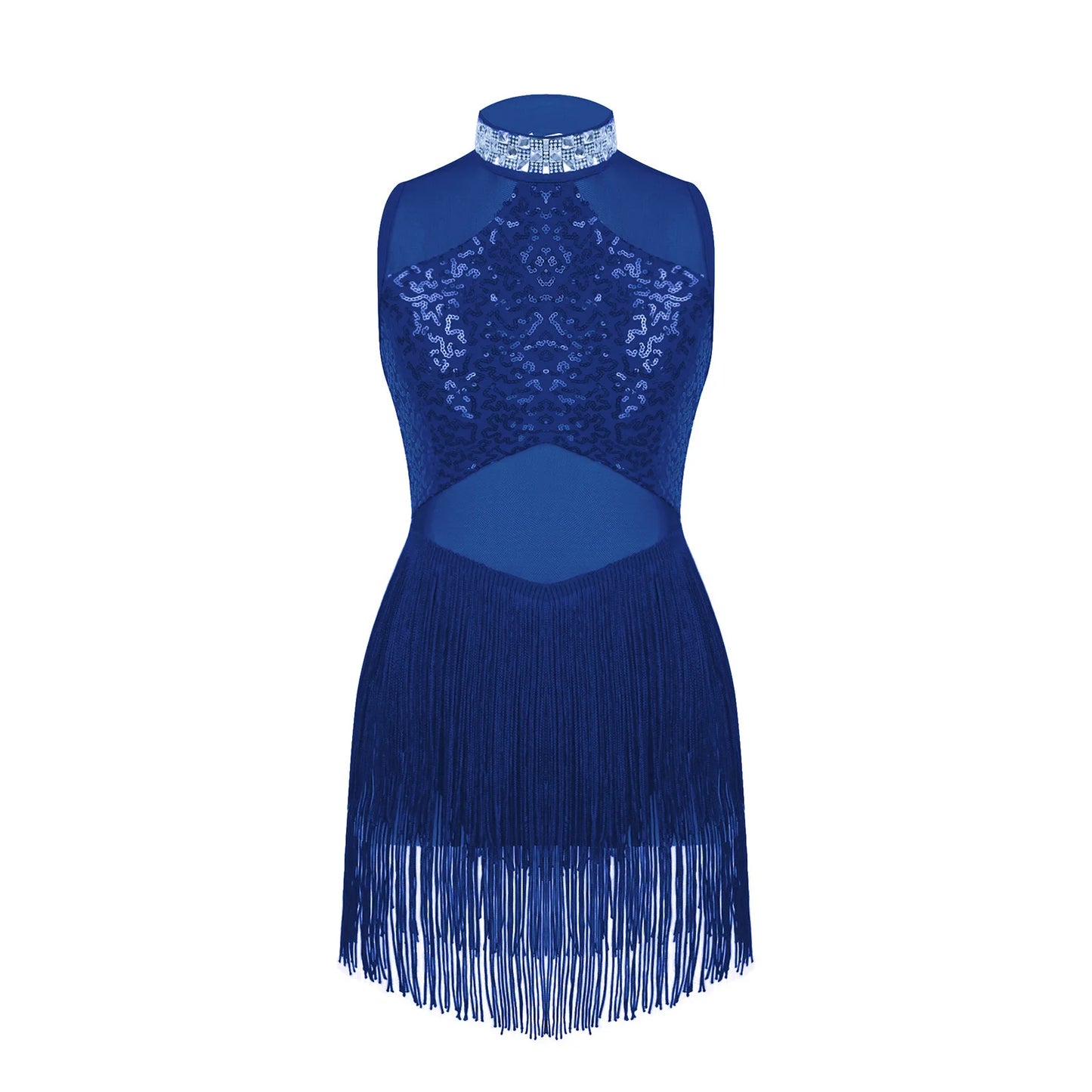 Girls Shiny Rhinestone Jazz Ballet Dance Dress Decorated Collar Sequins Mesh Tassel Hem Dance Leotards Dance Performance Dress