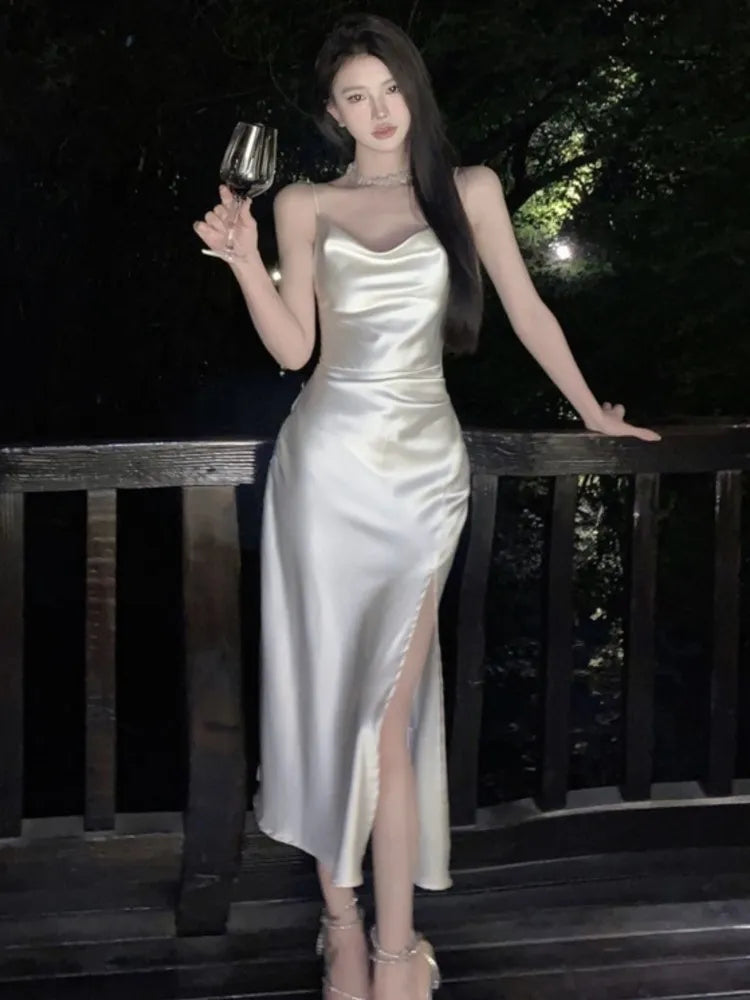 Korean Satin Gown Elegant Party Dress For Women 2023 Satin Solid High Split Swinging Col Korean Satin Gown Elegant Party Dress For Women 2023 Satin Solid High Split Swinging Col