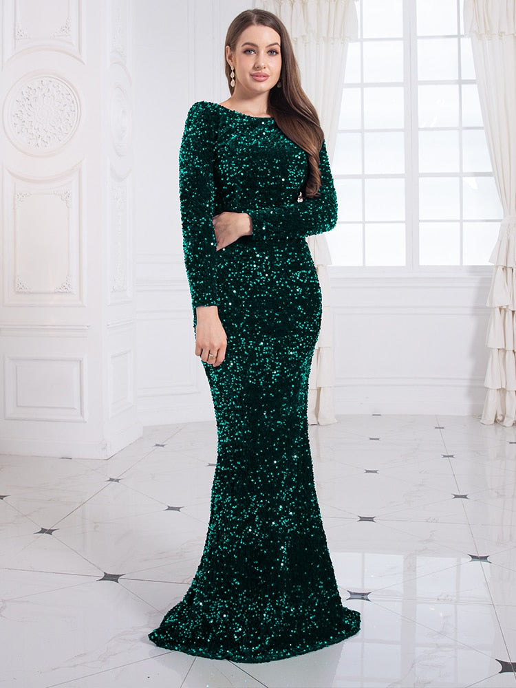 Kisscc Royal Blue Stretch Sequin Floor Length Evening Night Dress Full Sleeve Bodycon Black Mermaid Party Dress