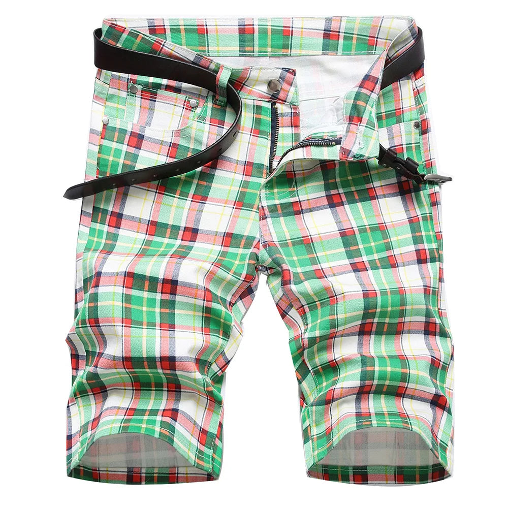 Men Plaid Print Denim Shorts Summer Tartan Stretch Jeans Knee