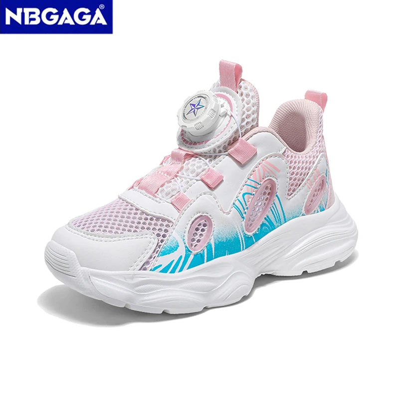 Summer Breathable Children’s Casual Shoes for Girls Rotating Button Sports Running Shoes Outdoor Fashion Flat Walking Sneakers