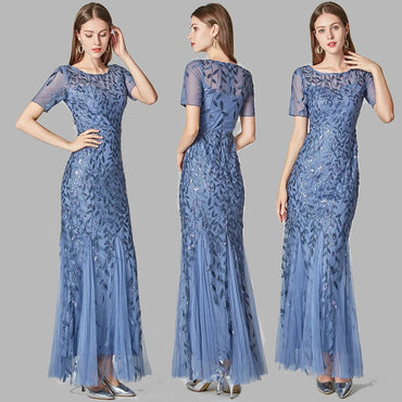 Women's Summer 2023 New Mermaid Party Evening Gowns Embroidered Mesh Maxi Sequins Elegant Bridesmaid Slim Long Fishtail Dresses