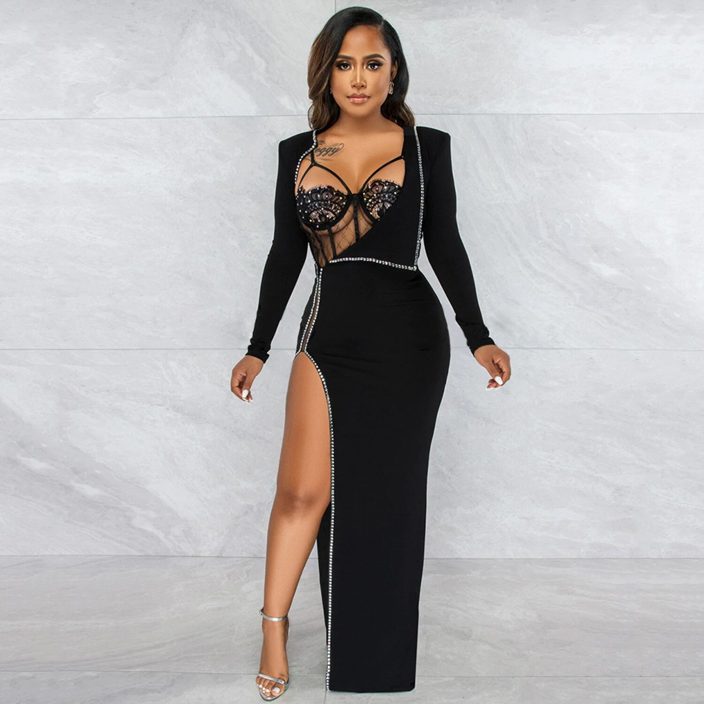 2022 Autumn Sexy Sequins Evening Dress For Women High Split V-neck Long Sleeve Dresses