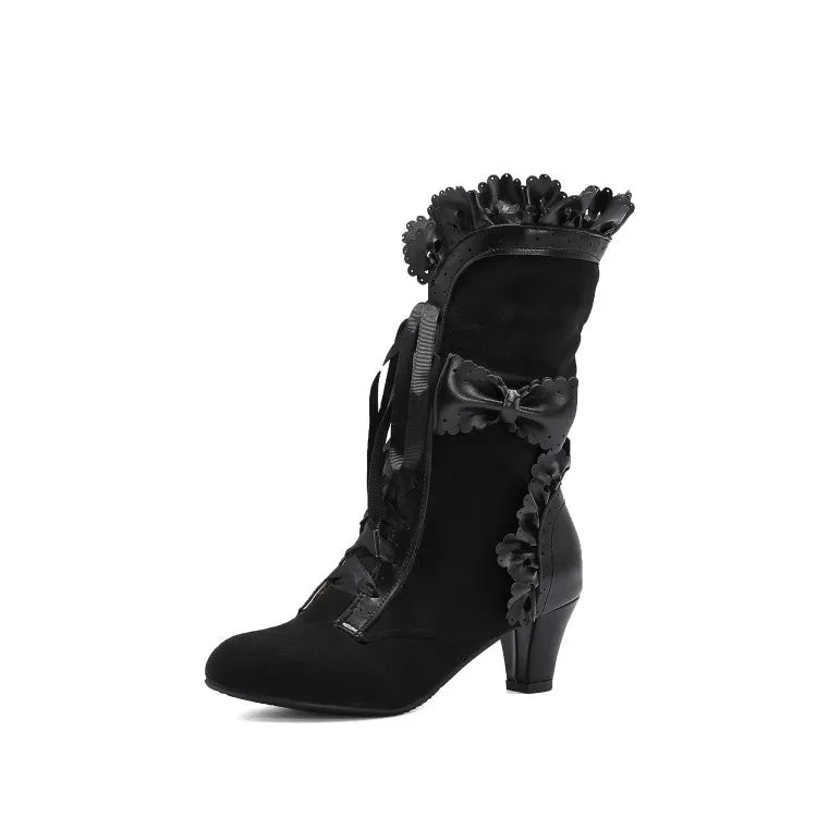 Autumn Winter Vintage Women Victorian Boots Lace Up High Heel Bootie Ruffle Trim Lolita Princess Cosplay Tea Party Costume Shoes