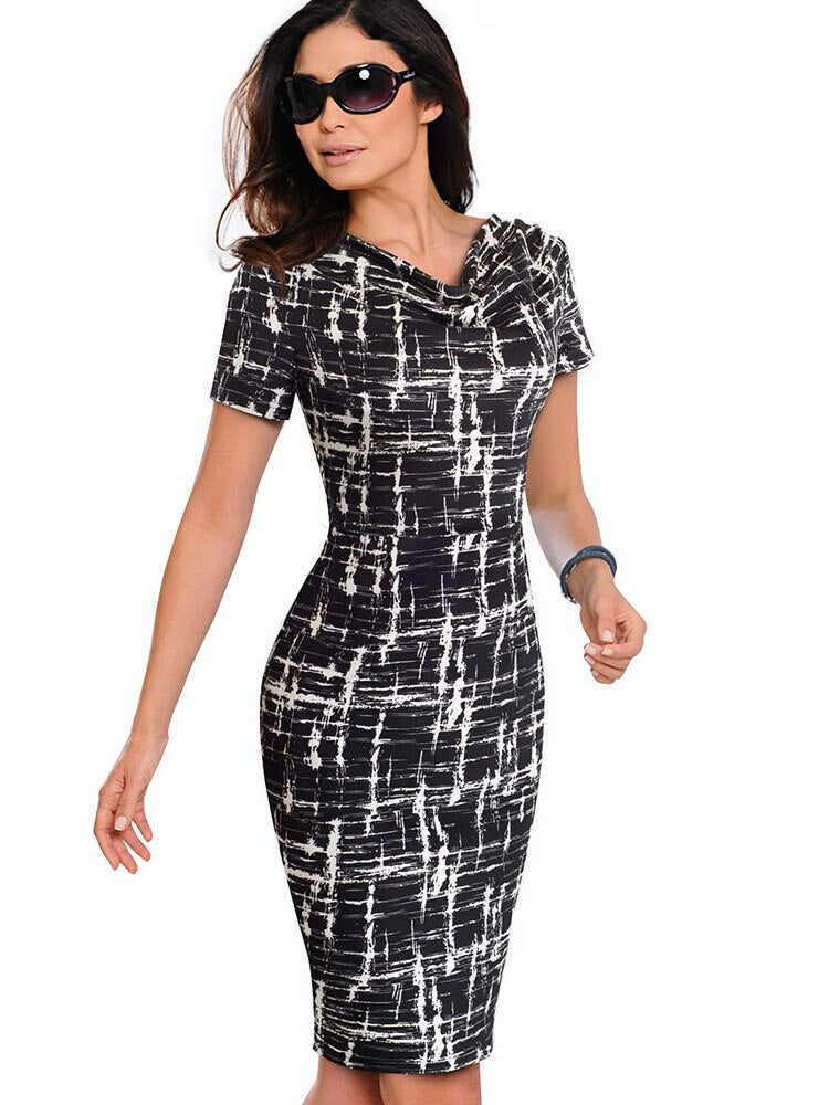 Nice-forever Women Vintage Wear to Work Elegant vestidos Business Party Bodycon Sheath Office Ruffle Female Dress B452