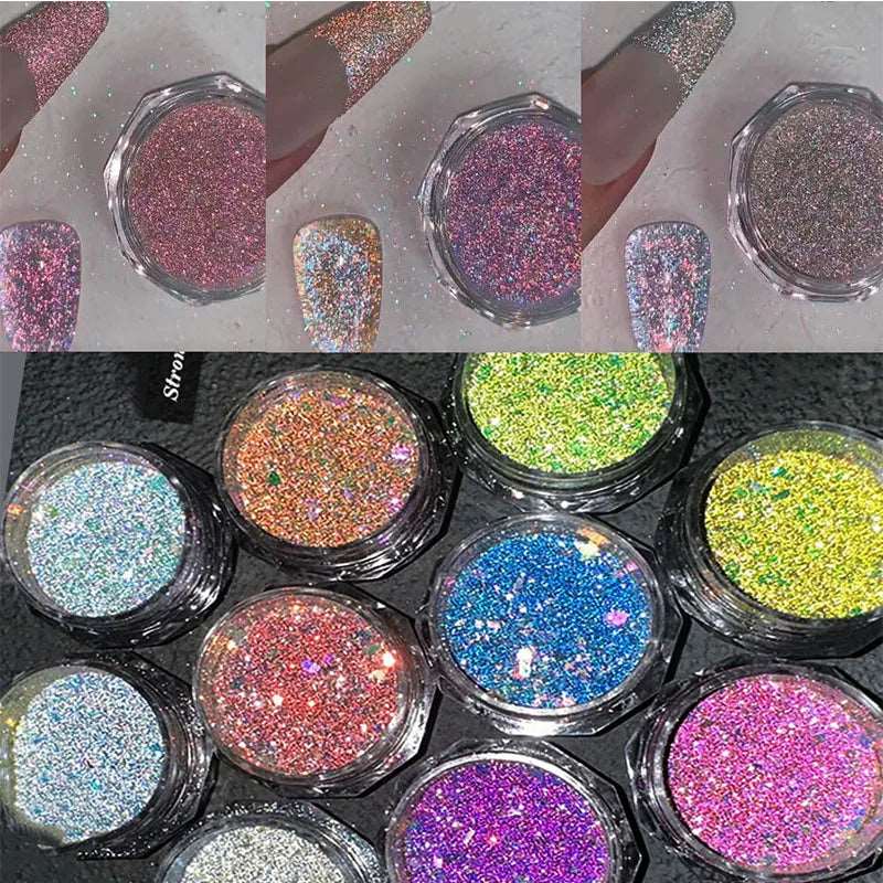 1 Box Laser Reflective Glitter Flash Diamond Nail Powder Sequins Sparkly Gel Polish Chrome Reflective Pigment Holographic Dust