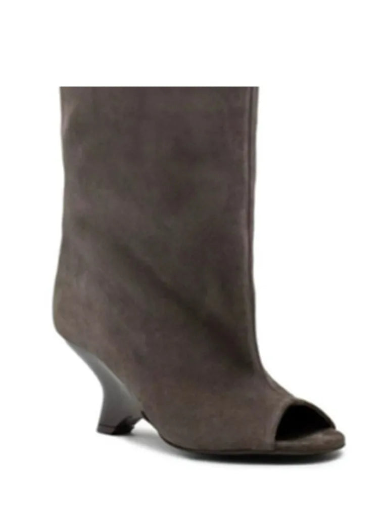 2025 Spring and Autumn Women's Fish Mouth Thick High Heels Knee Length Women's Boots Fashion Slope Heel Large Summer Cool Boots