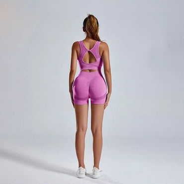 Women's Fitness Suit 2-piece Set of Hollow Back Sports Bra High Waist Shorts Yoga Suit
