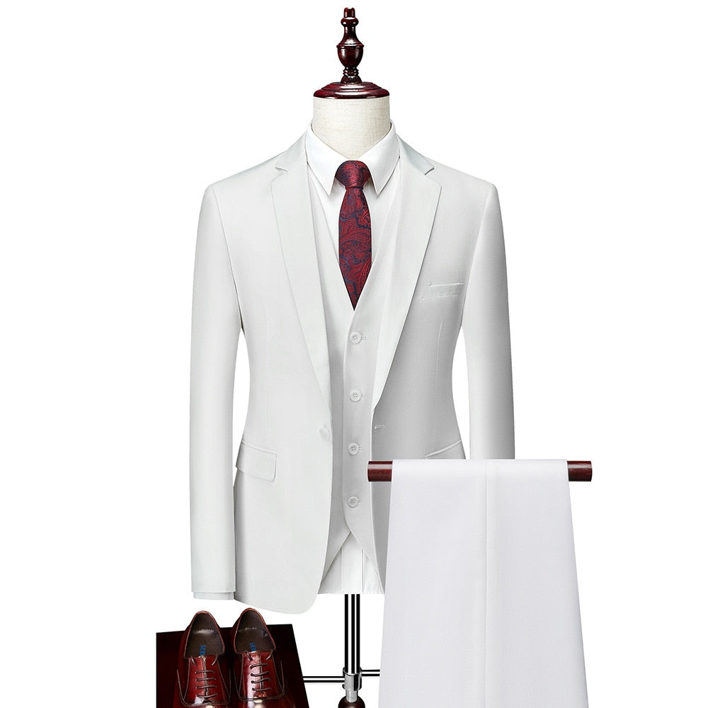 Luxury 3 Piece Men's Wedding Suit Fashion Men's Slim Solid Color Business Office Suit Sets Large Size Men Blazer+ Pants + Vest