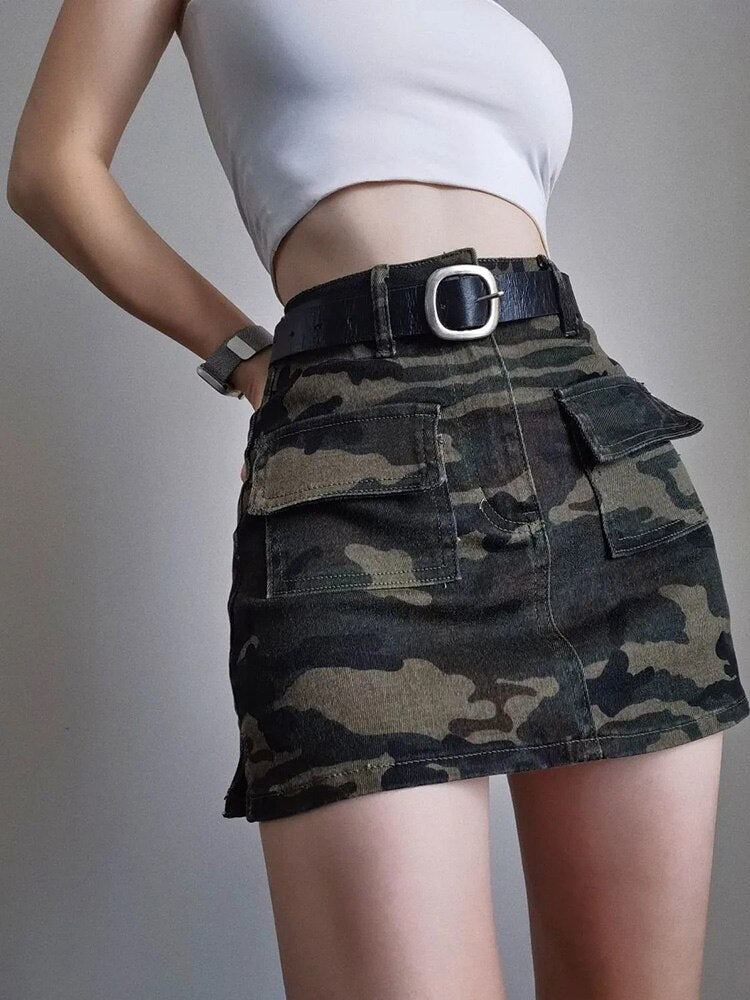 Zoki Sexy Women Streetwear Camouflage Cargo Skirt High Waist American Retro Mini Skirts Harajuku Female Pockets A Line Skirt New