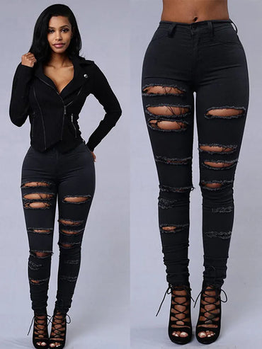 Fashion Stretchy Ripped Skinny Black Jeans Women Zipper Hollow Out Denim Jeans Casual Lady Street Bottoms
