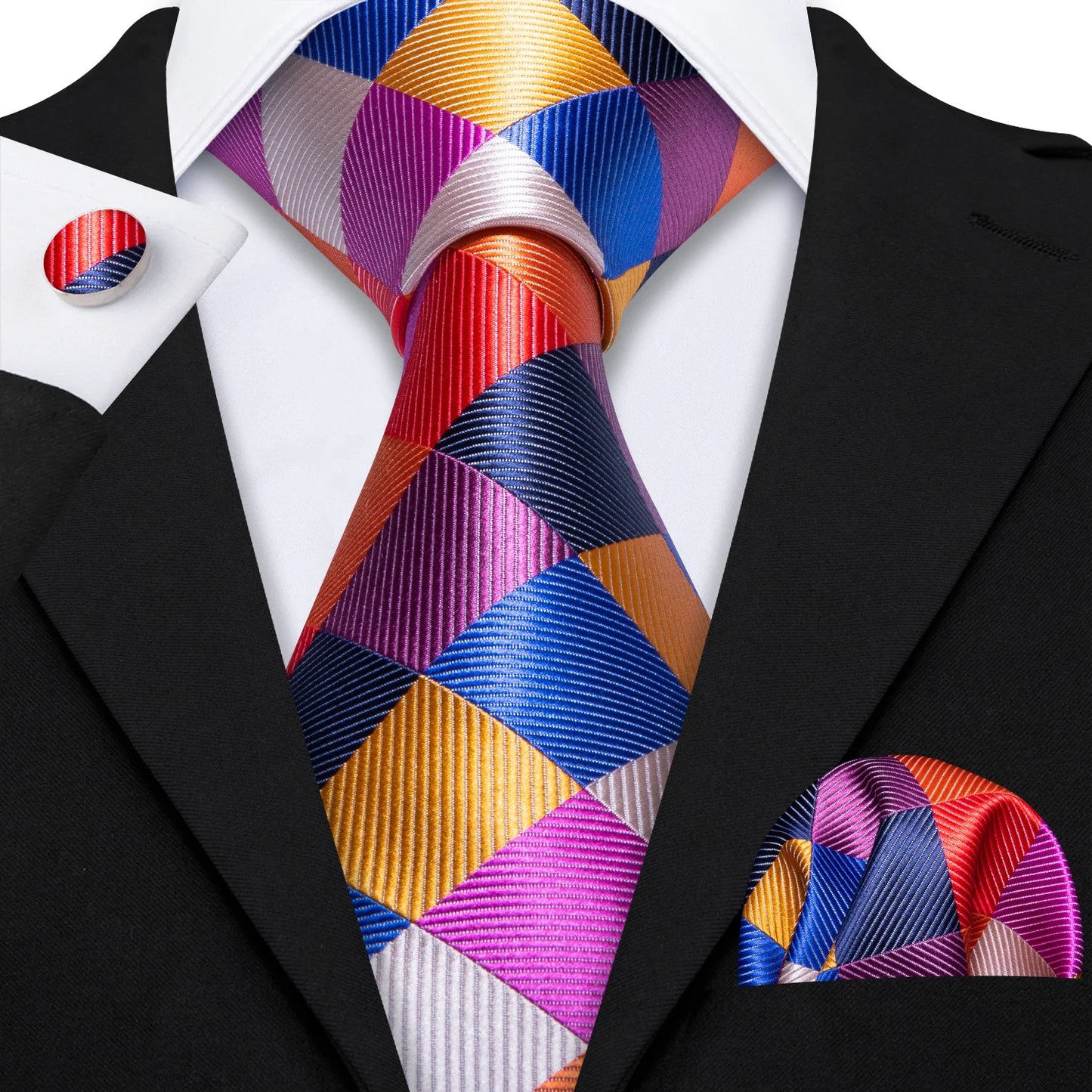Barry.Wang Plaid Silk Men Tie Hanky Cufflinks Set Checked Jacquard Necktie for Male Formal Casual Wedding Business Party Events