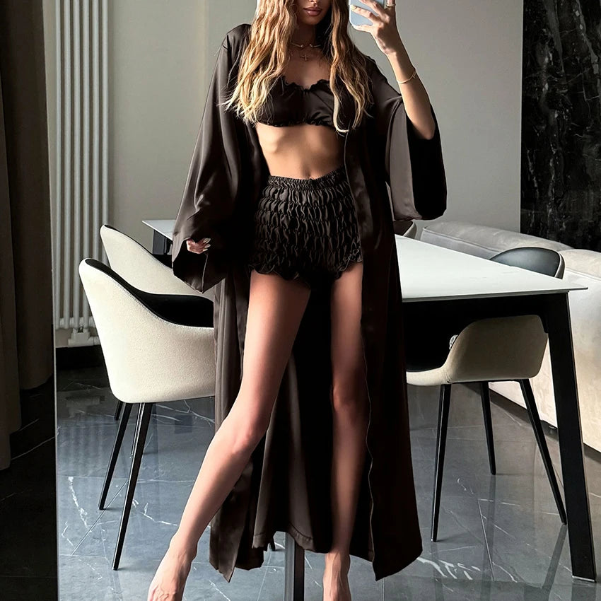 Hiloc Sexy Brown Ruched Camisole Pajama 3 Piece Set Loose Flare Sleeve Ankle-Length Robe Suits Sense Of Design Woman Shorts Sets