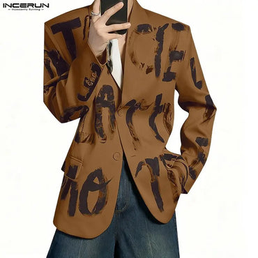 INCERUN Men Blazer Printing Lapel Long Sleeve Button Male Suit Streetwear Loose Elegant Fashion Casual Thin Coats Men S-5XL 2025