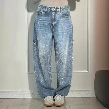 Women's Sparkly Harem Jeans High Waisted Baggy Wide Leg Bling Jeans Casual Straight Leg Denim Pants for Streetwear