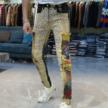 Men's Letter Embroidery Jeans New Punk Motorcycle Pants Jean Homme Elastic Slim Fit Versatile Jean For Men Hip Hop Jean Hombre