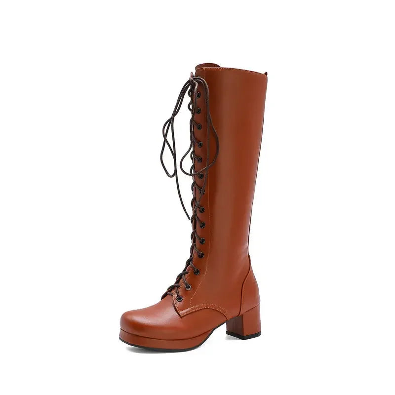 Woman Lovely Sweet Lace Up Purple Pink White Fashion Women's High Knee Boots Winter Shoes Lolita Shoes Girls Boots